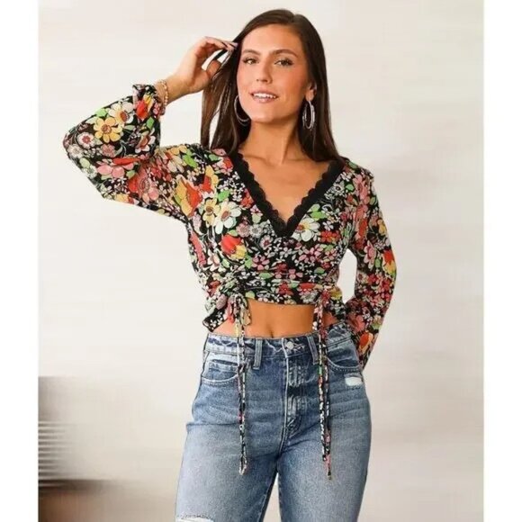 Buckle Willow & Root Floral Mesh Long Sleeve Drawstring Tie Top XS - Picture 4 of 5